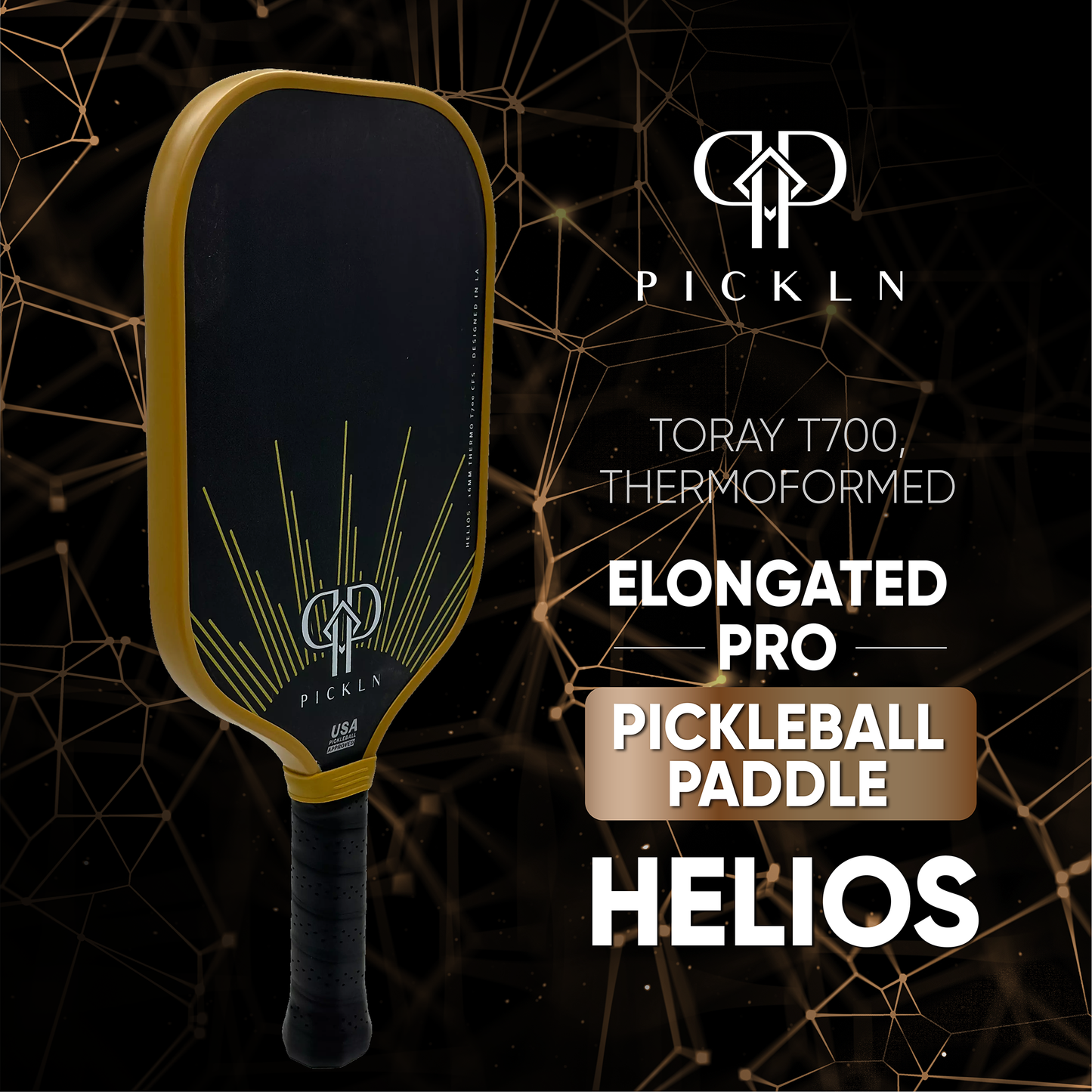 Helios: Elongated Thermoformed 16MM Carbon Fiber Pickleball Paddle by Pickln