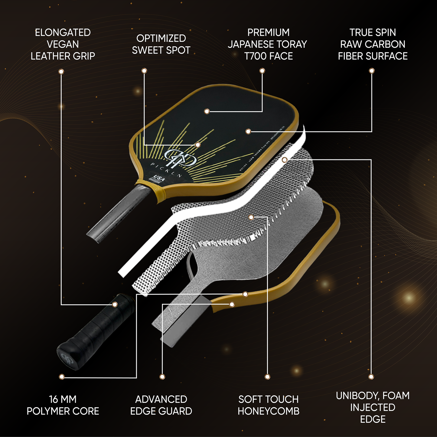 Helios: Elongated Gen2 Thermoformed 16MM Carbon Fiber Pickleball Paddle
