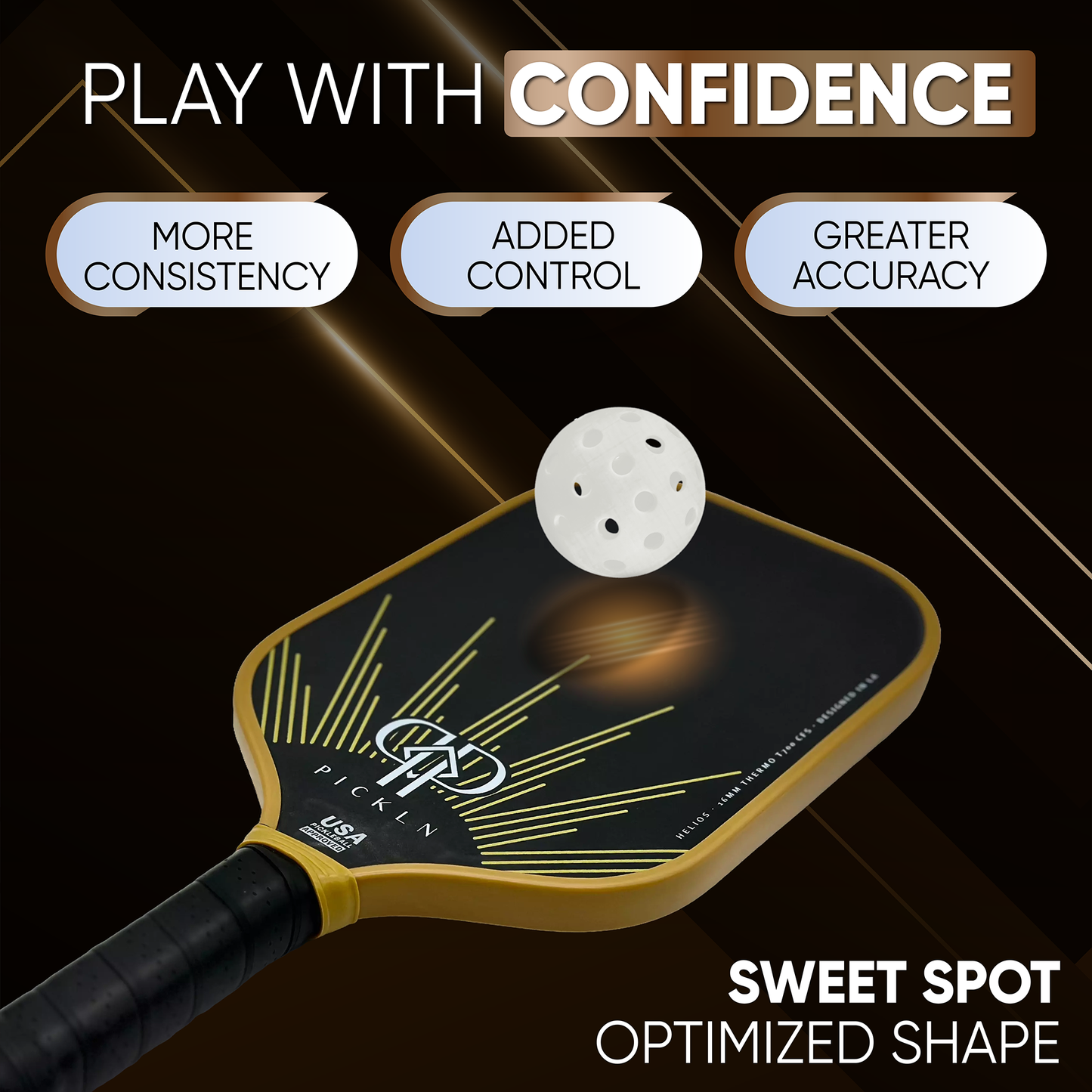 Helios: Elongated Gen2 Thermoformed 16MM Carbon Fiber Pickleball Paddle