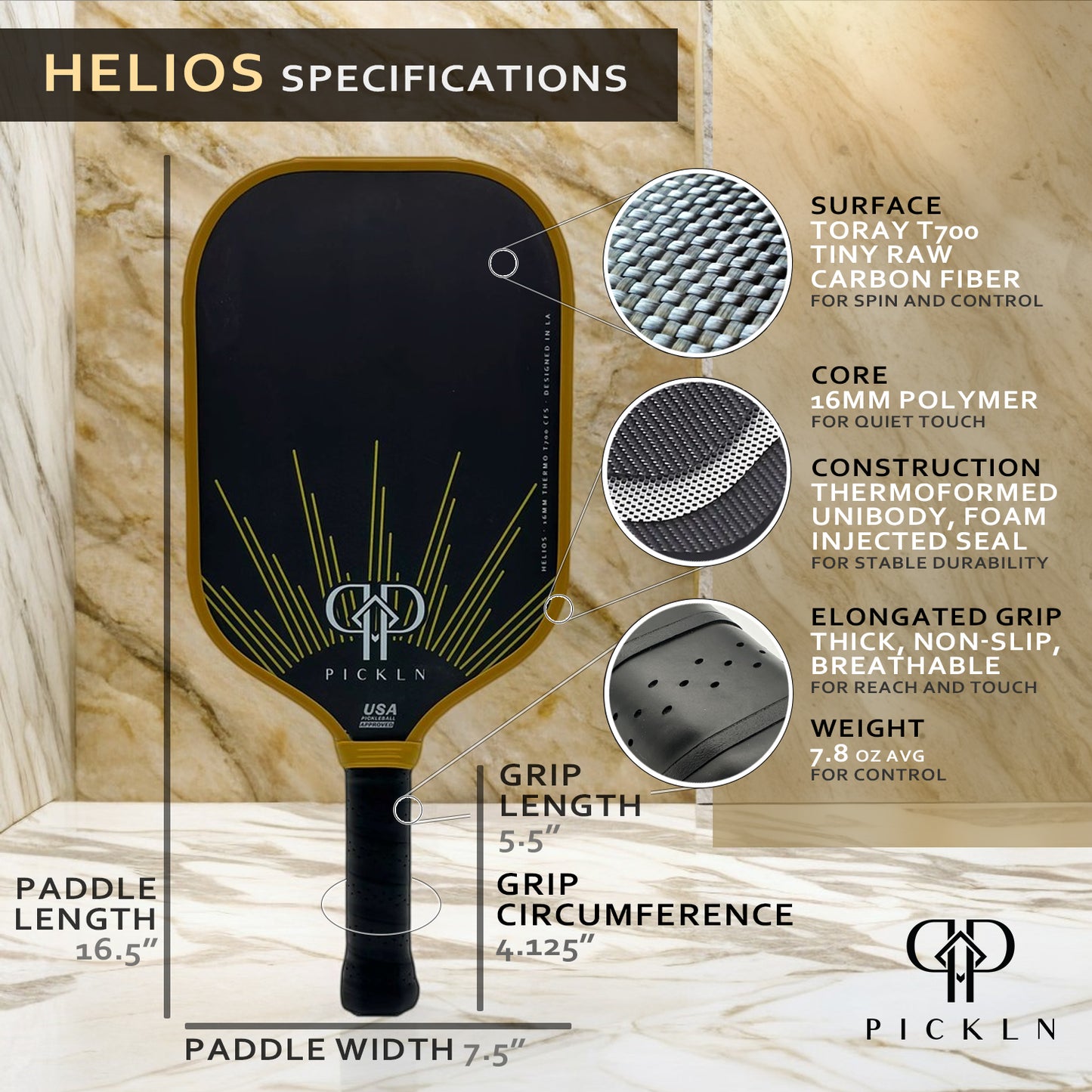 Helios: Elongated Thermoformed 16MM Carbon Fiber Pickleball Paddle by Pickln