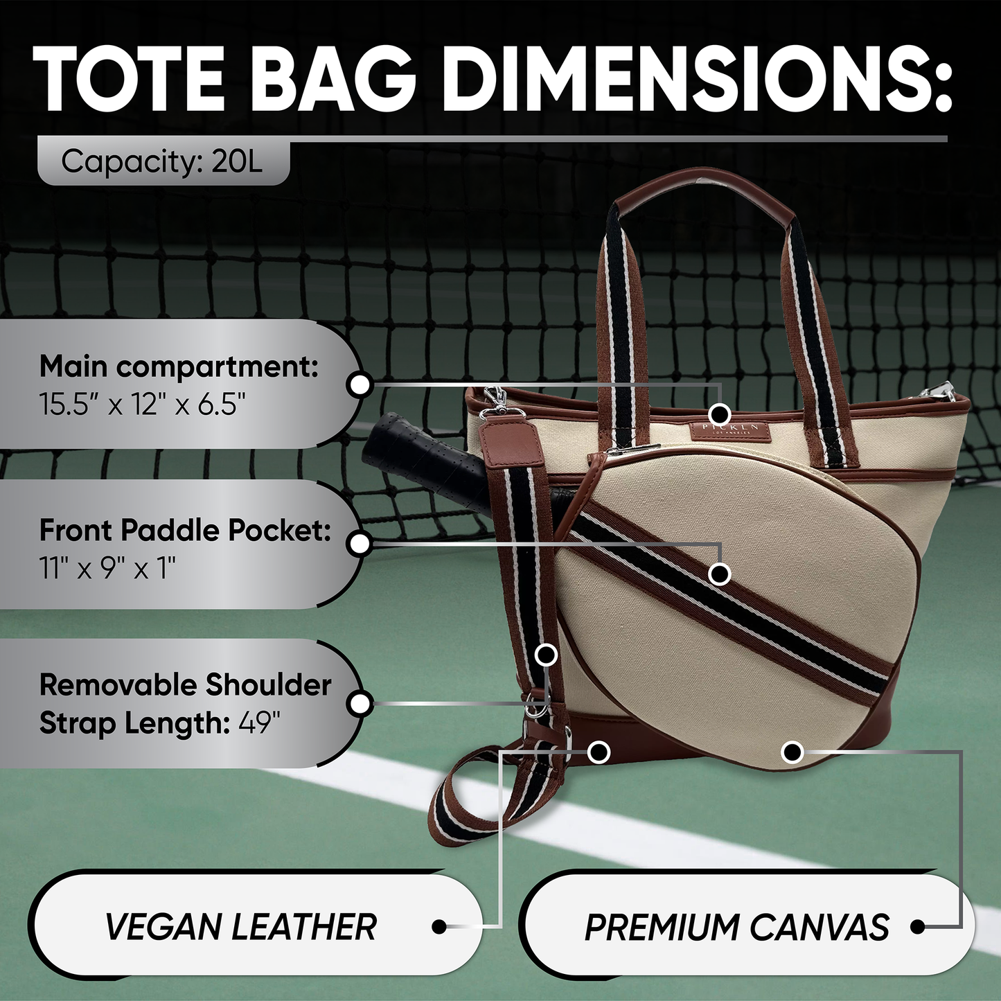 Pickln Signature Pickleball Tote Bag : Premium Vegan Leather and Canvas Luxury Women's Pickleball Tote Bag