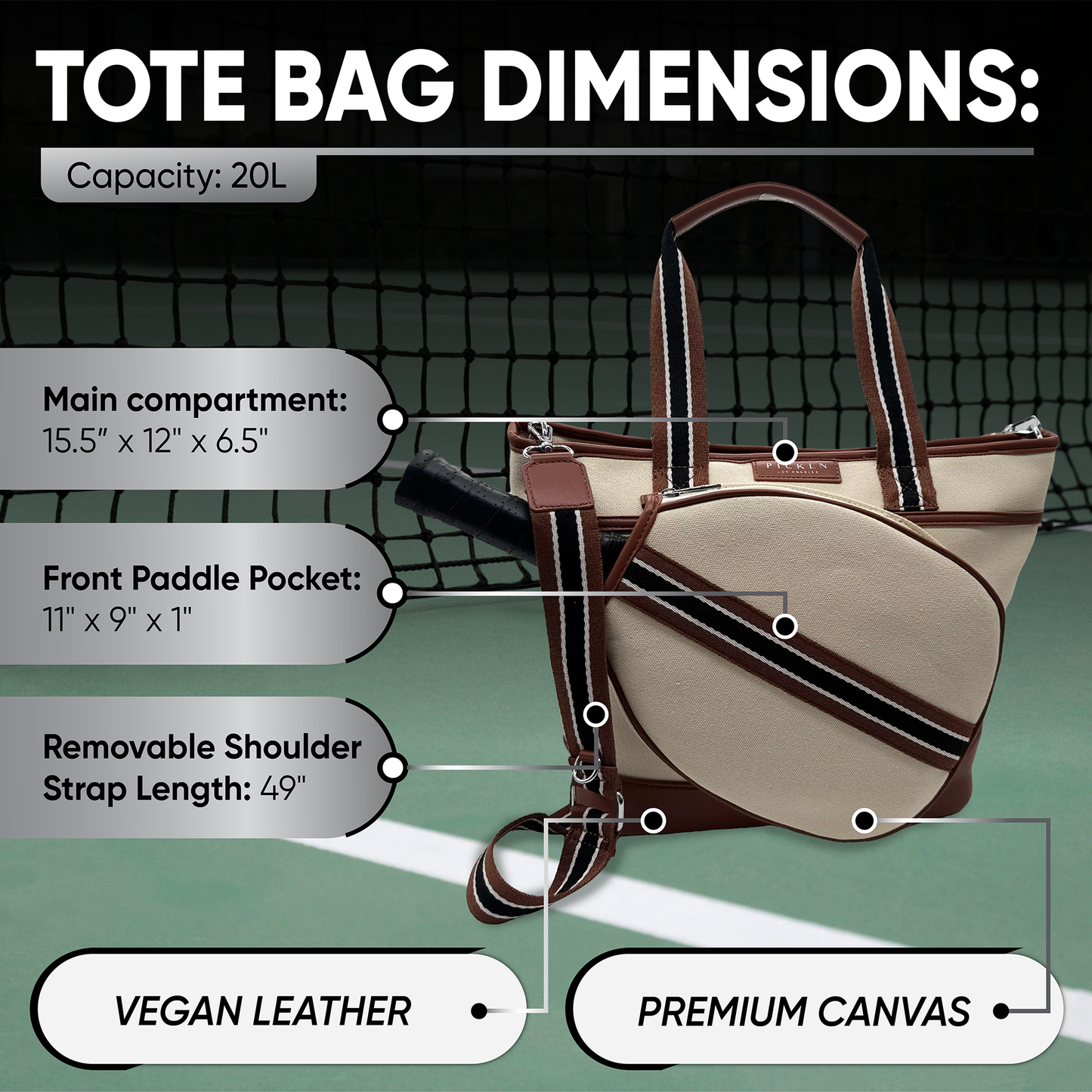 Signature Pickleball Tote Bag : Premium Vegan Leather and Canvas Luxury Women's Pickleball Tote Bag